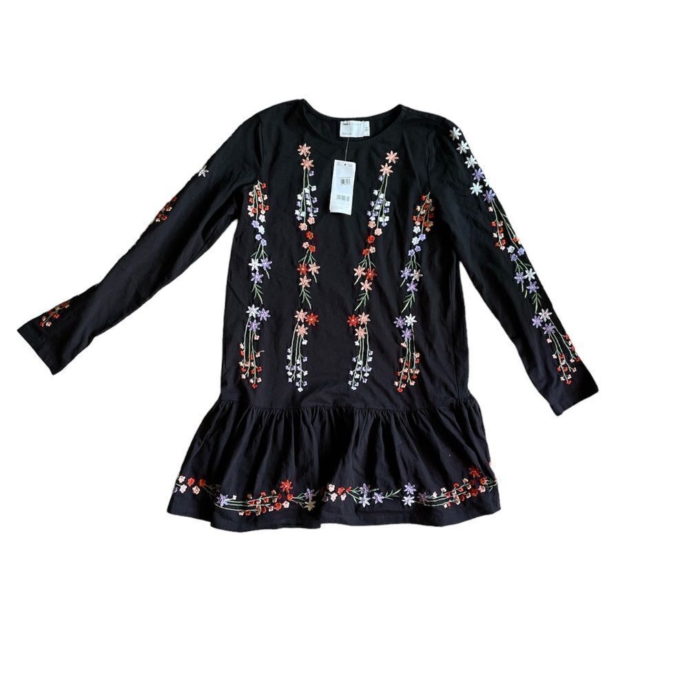 ASOS DESIGN long sleeve smock dress with pep hem with floral embroidery Size 2